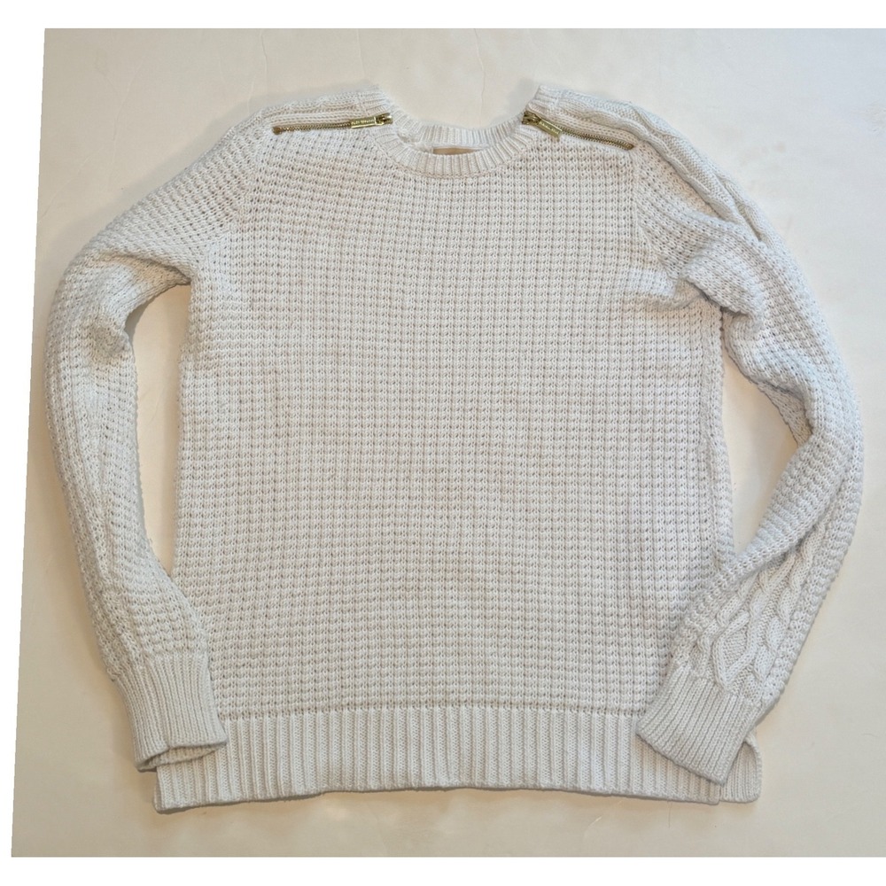 Michael Kors Womens White Waffle Knit Cable Sleeve Zipper Shoulder Sweater M